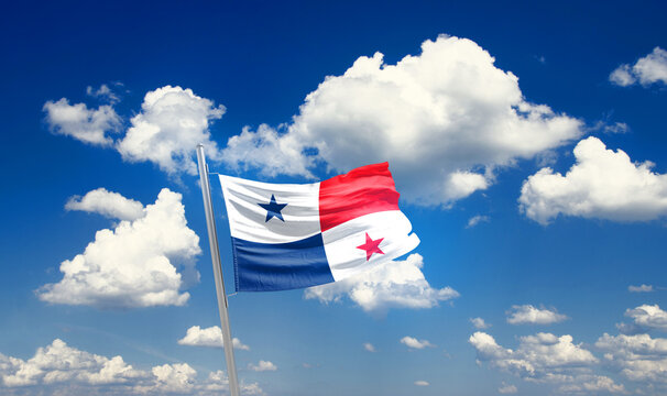 Panama national flag waving with skyline and buildings. Panama national flag for independence day.