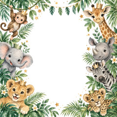 Obraz premium Cute Safari Animals Watercolor Frame with Jungle Leaves and Copy Space