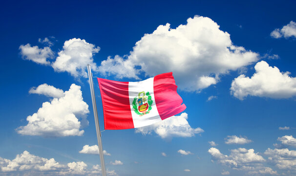 Peru national flag waving with skyline and buildings. Peru national flag for independence day.