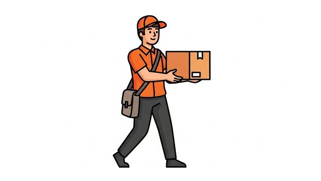Delivery Man with Package: A cheerful delivery person wearing an orange cap and shirt, carrying a brown package and a satchel, walks confidently.
