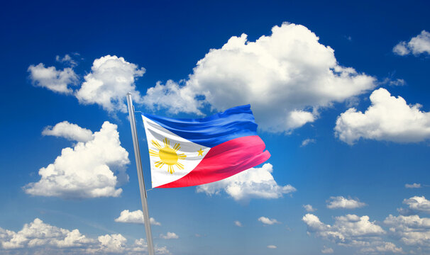 Philippines national flag waving with skyline and buildings. Philippines national flag for independence day.