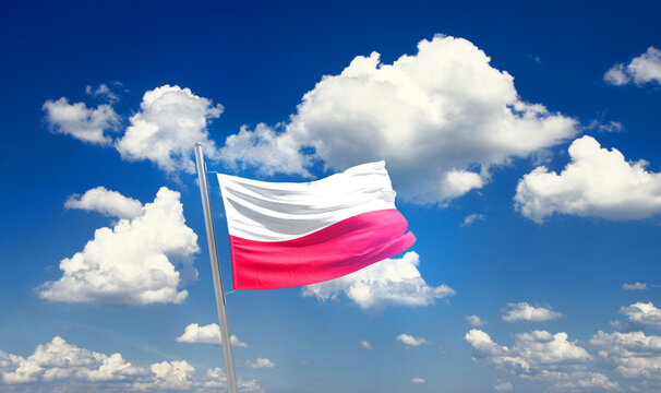 Poland national flag waving with skyline and buildings. Poland national flag for independence day.