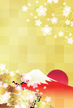 Golden Japanese style background with Mount Fuji and cherry blossoms