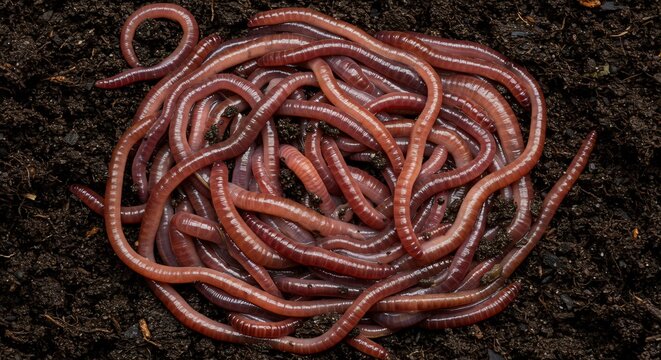Pile of Earthworms in Soil: A close-up shot reveals a tangled mass of earthworms nestled in dark, rich soil, highlighting their earthy texture and natural habitat.