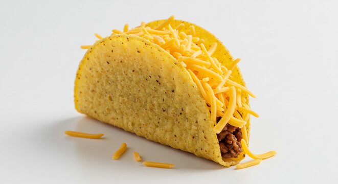 Golden Taco Delight: A delicious taco, crispy and golden, filled with savory ground meat and generously topped with shredded yellow cheese, ready to be enjoyed.