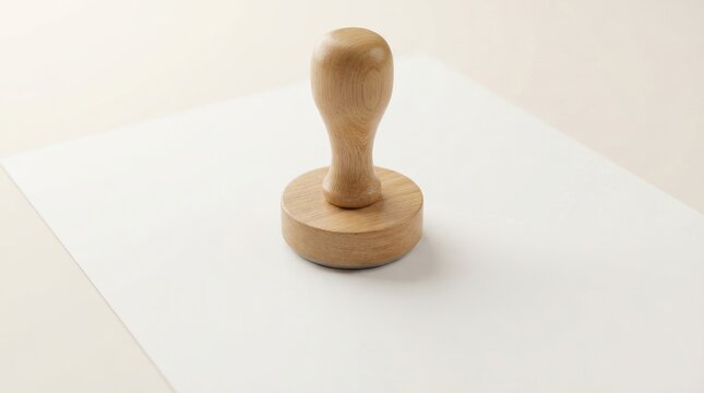 A wooden rubber stamp standing upright on a blank sheet of white paper, centered on a light, neutral background, top-down view