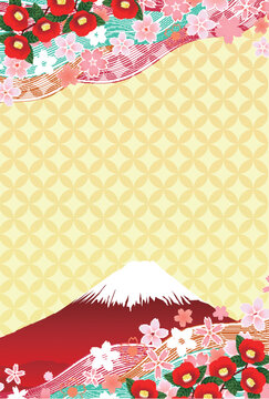Traditional Japanese New Year Greeting Background with Mount Fuji and Flowers