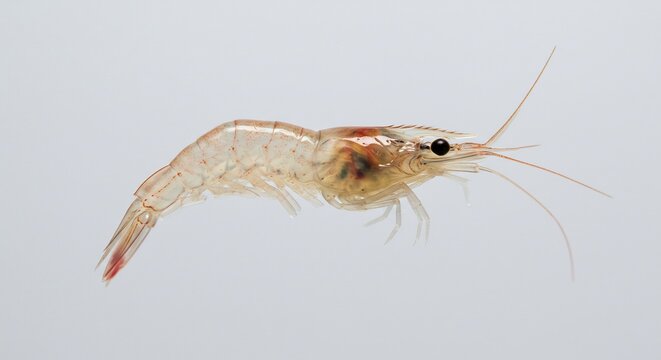 Shrimp on White Background: A detailed close-up shot of a single raw shrimp against a plain white backdrop, highlighting its translucent body and delicate features.