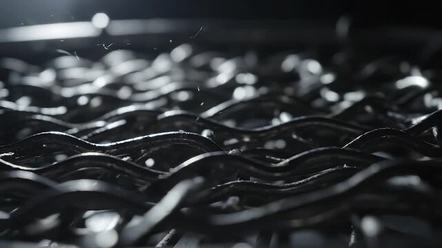 Close up macro shot of shiny black wavy wires vibrating rapidly on a dark surface