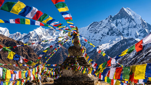 Vertical shot of vibrant tibetan prayer flags in nepal