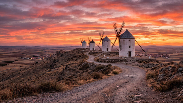 Traditional windmills of la mancha under sunset sky