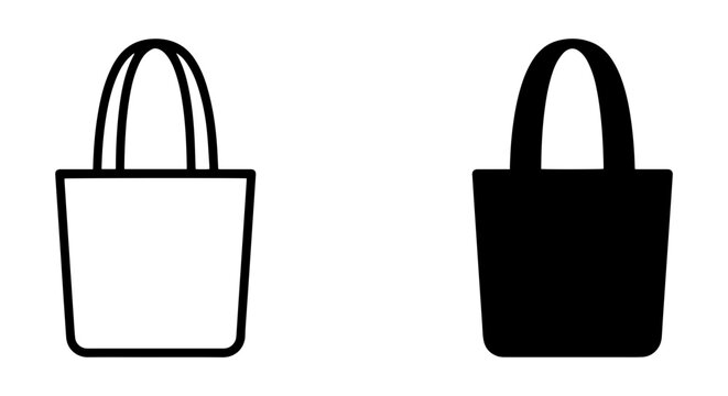 Simple Tote Bag Icons, Shopping Bag Vector Graphics, Canvas Carryall Symbols, Black and White Design