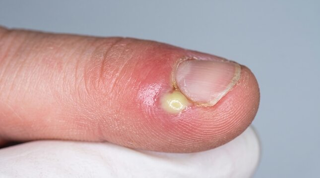 Severe Acute Paronychia with Purulent Abscess and Inflammation on Human Finger
