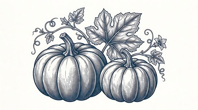 Two pumpkins with leaves and vines