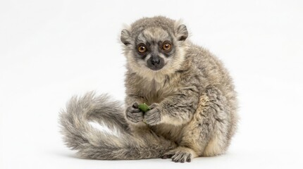 Obraz premium Small furry lemur isolated on white background with wildlife prosimian endangered creature isolated background portrait photography tropical features