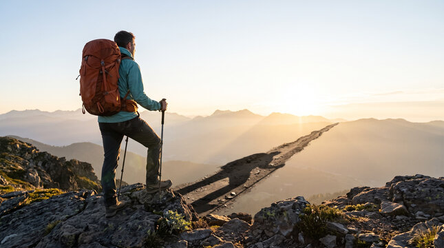 Hiker with heavy backpack standing on sheer mountain crest looking over sunrise horizon