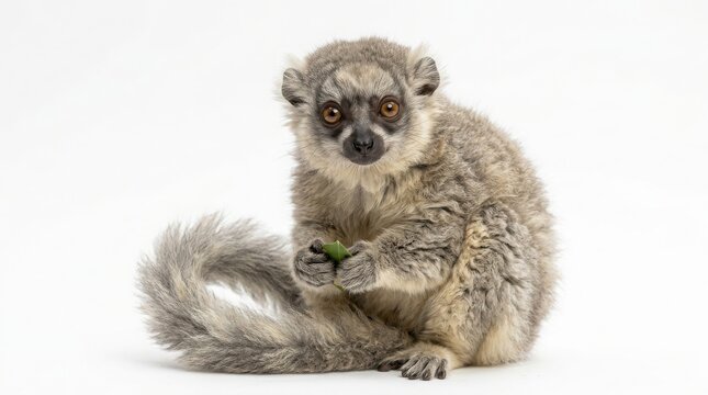 Small furry lemur isolated on white background with wildlife prosimian endangered creature isolated background portrait photography tropical features