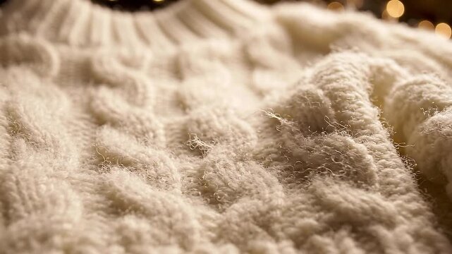 Close up of cozy white cable knit woolen sweater texture with warm lighting