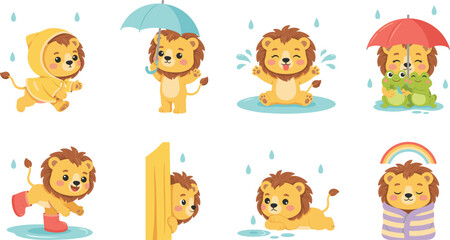 Obraz premium Cute Cartoon Lion Character Set in Rainy Weather Wearing Raincoat Holding Umbrella and Playing in Puddles for Kids Vector Graphic Illustration