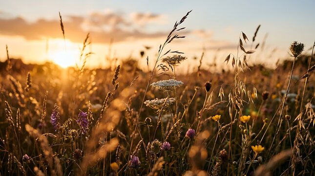 Wildflowers and grass in a field during sunset