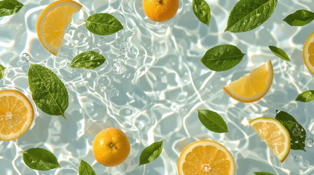 Citrus slice mint leaf floating water background with sunlight and bubbles