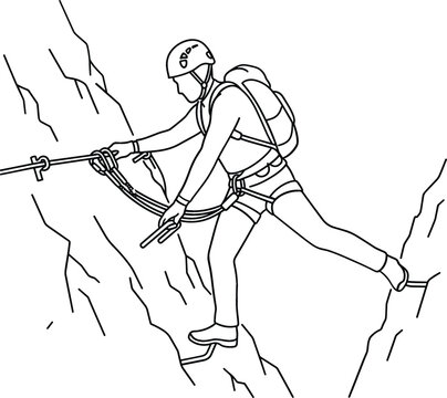 Rock Climber Scaling Steep Mountain Wall with Rope Helmet and Harness Line Art Illustration