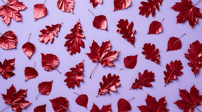 Seamless pattern of red autumn leaves on lavender background