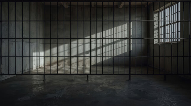 Prison bar shadow interior with dramatic light and empty concrete floor