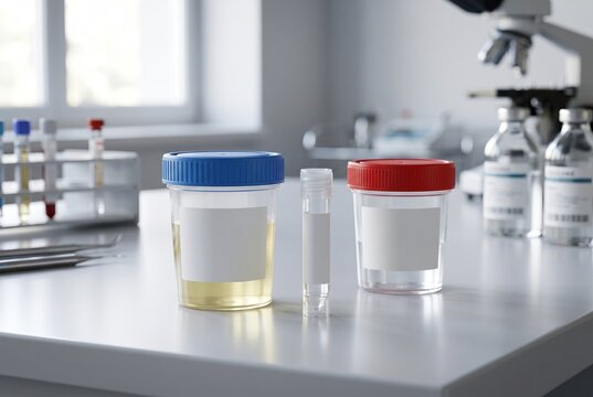 Premium photorealistic commercial stock photography of multiple sterile medical specimen containers and tubes arranged on a clean clinical laboratory surface