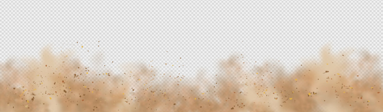 Dust sand smoke cloud effect on dark background, desert storm texture with flying dirt and powder particles. Brown dusty overlay png, abstract sandstorm blast, wind trail, dry soil fog air mist