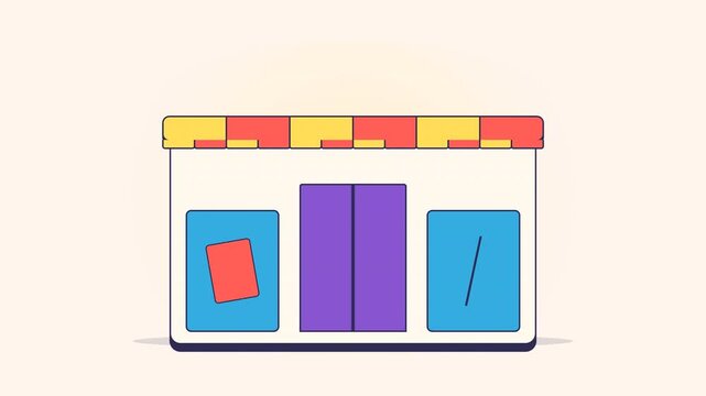 Minimalist flat vector animation of a storefront exterior with an orange and yellow striped awning and blue window shop display