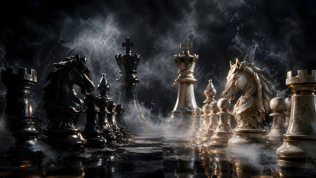 Chess Figures Surrounded by Smoke and Mist on Dark Background, Epic Chess Game Illustration, Strategy, Tactics and Mind Game Concept