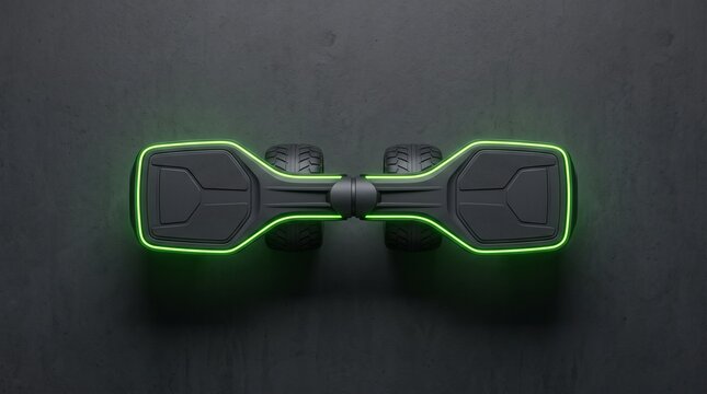 Overhead view of a symmetrical electric hoverboard with acid green neon contours, minimalist futuristic personal transportation and balance technology