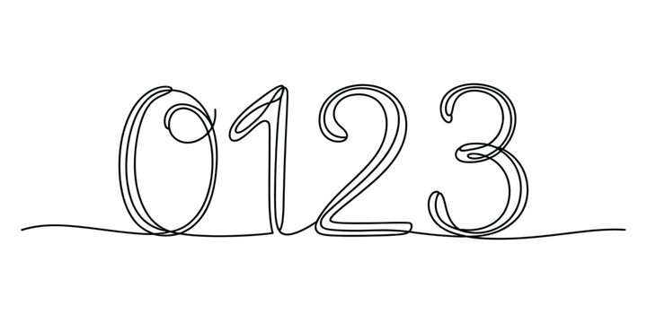 Continuous single line drawing of the numbers zero one two and three in a simple black ink style design isolated on a white background illustration