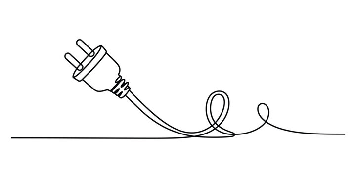 Continuous single line drawing of an electric plug with a cord isolated on a white background illustration