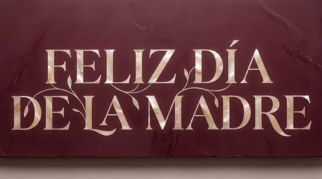 Feliz dia de la madre typography composition crafted with mother of pearl inlay letters on rich burgundy stone slab background with fine floral motifs.