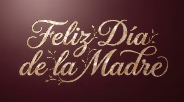 Minimalist typography composition with glowing metallic script lettering spelling feliz dia de la madre against a rich deep burgundy background texture
