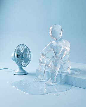 Melting Man and Fan: A stark, surreal image depicts a human figure made of melting ice sitting beside a vintage electric fan, symbolizing heat and the struggle against it.