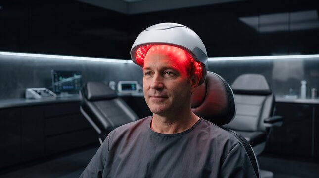 Mature Male Patient Undergoing Low-Level Red Light Therapy Helmet for Hair Regrowth