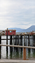 Fototapeta premium Wooden Boardwalk and Pier at Icy Strait Point Alaska