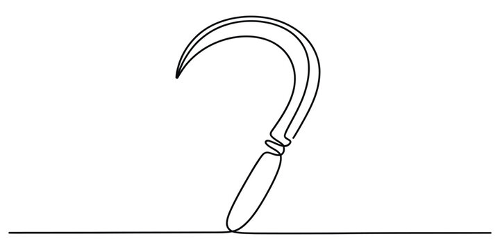 Continuous single line drawing of a sharp sickle farm tool used for harvesting wheat and crops isolated on a clean white background illustration