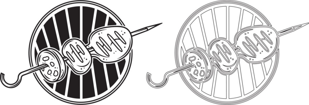 Two vector illustrations of a barbecue skewer with food pieces on a circular grill icon background