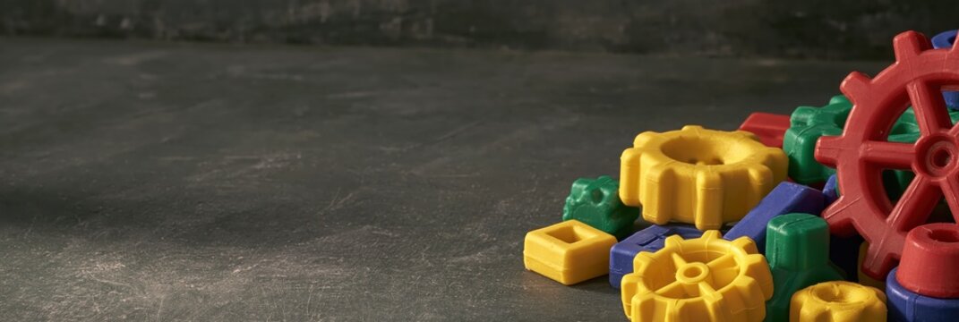 Colorful Plastic Building Blocks and Gears on Dark Surface