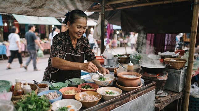 Vendor arranging fresh food at a market stall
