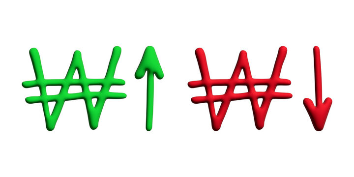 3d won currency symbol Growth and fall profit with arrow up and down Element for design