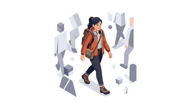 Young woman with a backpack walking through a crowded urban environment in an isometric flat illustration style