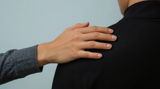 Gentle hand touching shoulder conveys comfort and emotional support