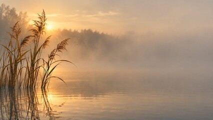 Obraz premium Glowing reeds in morning mist, serene nature background