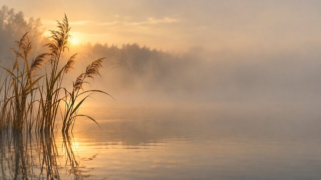 Glowing reeds in morning mist, serene nature background