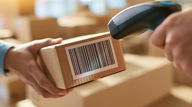 Employee scans barcode on package for shipping process.